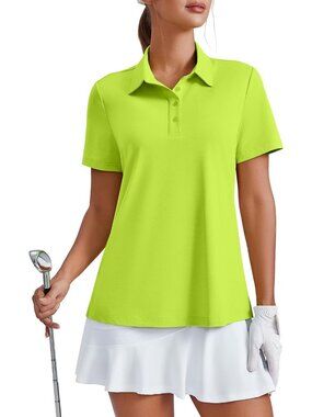 Women's Lime Green 4 Button Golf Polo UPF50+ Quick Dry Tennis Tops Relaxed Fit